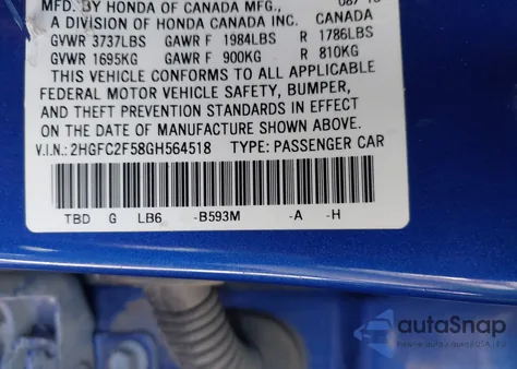 2016 Honda Civic Lx from USA, damaged, VIN 2HGFC2F58GH564518